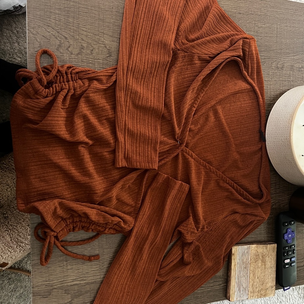 Rust Orange Ribbed Wrap Top